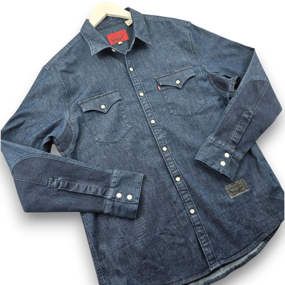 Levis Motorcycle Denim Shirt Mens Large L Blue Cotton Snap Western Elbow Patches
